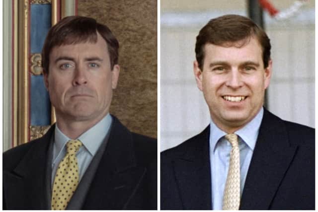 James Murray as Prince Andrew in The Crown; Prince Andrew at a World Cup game in France in 1998 (Credit: Netflix; Ross Kinnaird /Allsport)