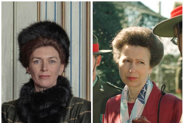 Claudia Harrison as Princess Anne in The Crown; Princess Anne in New Zealand in 1990 (Netflix; Barry Durrant/Getty Images)