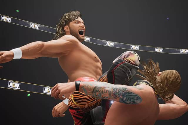 Kenny Omega hits Chris Jericho with a V-Trigger knee in a screenshot from AEW Fight Forever (Image: THQ Nordic)