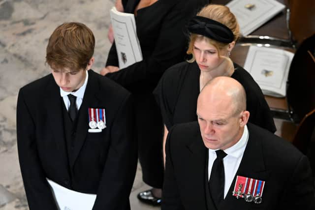James, Viscount Severn, alongside his sister Lady Louise Windsor and Mike Tindall at the late Queen Elizabeth 11's funeral.  (Photo by Gareth Cattermole/Getty Images)