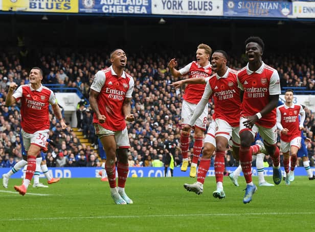 <p>Arsenal celebrate their goal against Chelsea last weekend</p>