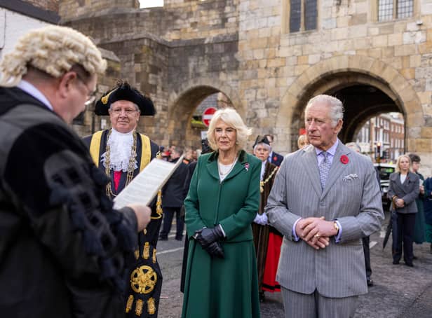 <p>Britain’s King Charles III and Britain’s Camilla, Queen Consort are welcomed to the City of York during a ceremony at Micklegate Bar (Getty Images)</p>
