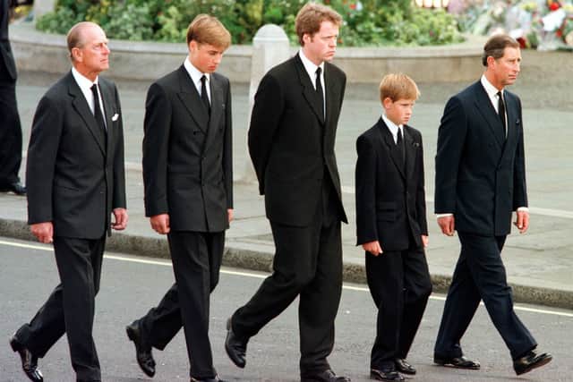 (L to R) The Duke of Edinburgh, Prince William, Earl Spencer, Prince Harry and Prince Charles walk outside Westminster Abbey during the funeral service for Diana, Princess of Wales (Pic: AFP via Getty Images)