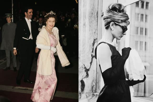 Queen Elizabeth II wore long opera gloves to sophisticated events which served as inspiration for Audrey Hepburn in Breakfast at Tiffany's (Pics:Getty/BeFunky)