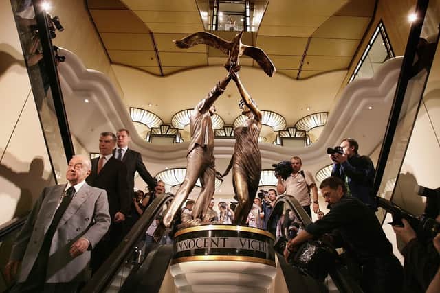 Harrods owner Mohamed Al Fayed (L) attends the unveiling of a statue of Diana, Princess of Wales and his son Dodi Al Fayed at Harrods department (Pic: Getty Images)