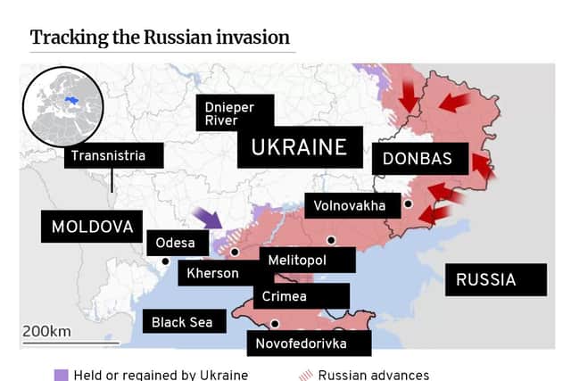 A map showing areas held or regained by Ukraine and placed under Russian control.