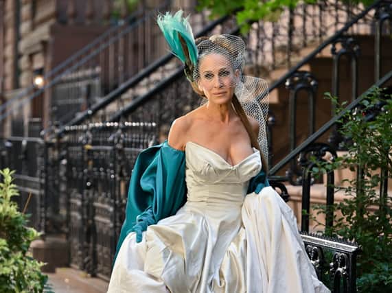 Sarah Jessica Parker wearing the iconic Vivienne Westwood dress in 'And Just Like That.'(Photograph by James Devaney/GC Images)