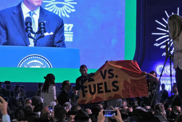 Protesters interrupted Joe Biden’s COP27 speech. (Credit: Getty Images)