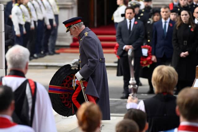 King Charles III laid a wreath at The Cenotaph during the Remembrance Sunday ceremony. Photograph by POOL/AFP via Getty Images
