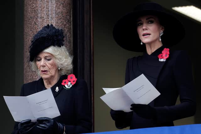 Camilla, Queen Consort, and Catherine, Princess of Wales, attended the Remembrance Sunday ceremony. Photograph by POOL/AFP via Getty Images