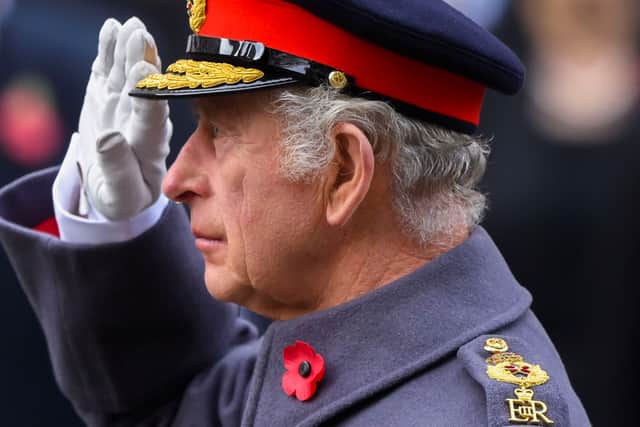 LONDON, ENGLAND - NOVEMBER 13: King Charles III attends the Remembrance Sunday ceremony at the Cenotaph on Whitehall on November 13, 2022 in London, England. (Photo by Toby Melville - WPA Pool/Getty Images)
