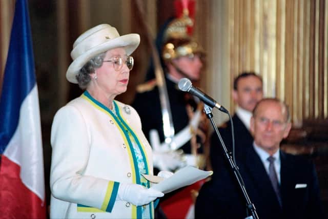 Queen Elizabeth II delivering a speech in June 1992 in Bordeaux, France (Photo: OLIVIER MORIN/AFP via Getty Images)
