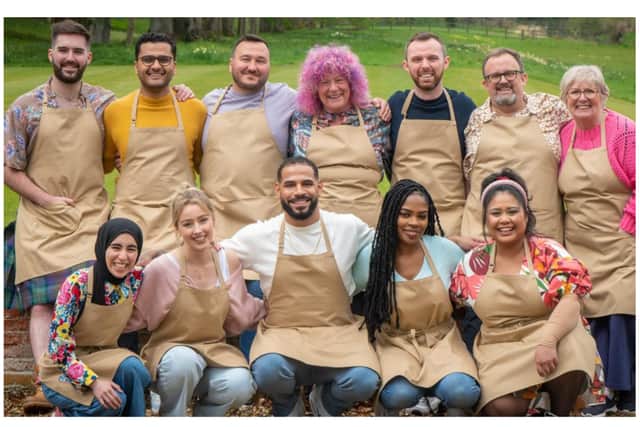 After nine weeks of baking challenges, three bakers now remain in the Bake Off final; Sandro (front centre), Syabira (front far right) and Abdul (back second from left).