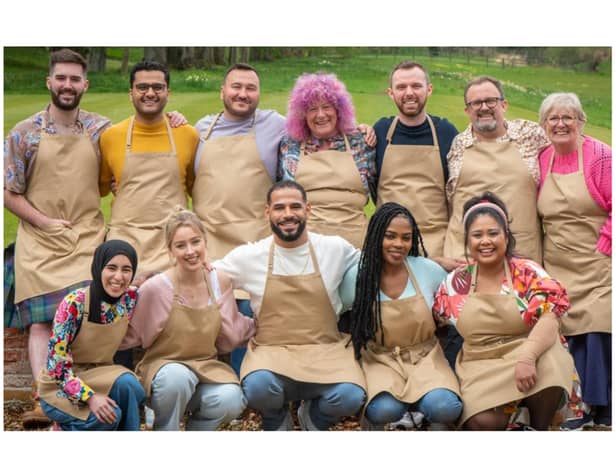 After nine weeks of baking challenges, three bakers now remain in the Bake Off final; Sandro (front centre), Syabira (front far right) and Abdul (back second from left).
