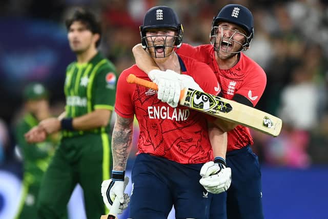 Stokes and Livingstone after Stokes hit the winning runs in T20 World Cup final