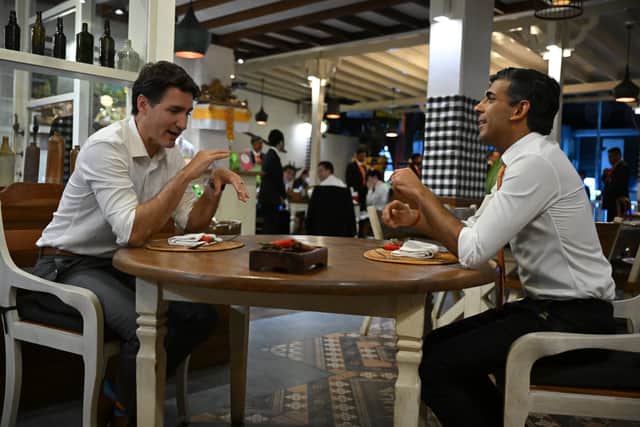 Canada’s Prime Minister Justin Trudeau and Prime Minister Rishi Sunak have a bilateral meeting at the Art Cafe Bumbu Bali in Nusa Dua as they attend the G20 .