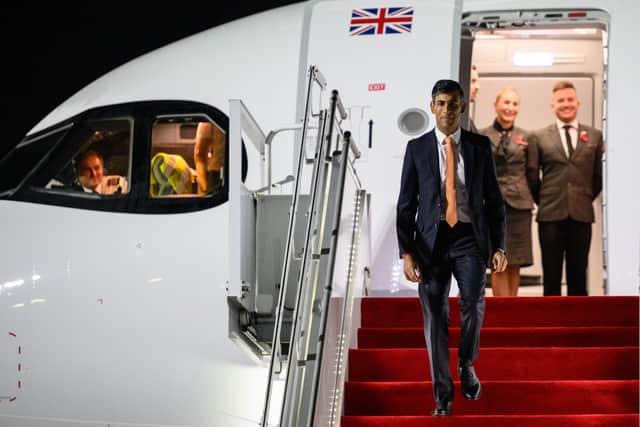 Prime Minister Rishi Sunak arrives at Ngurah Rai International Airport ahead of the G20 in Bali.