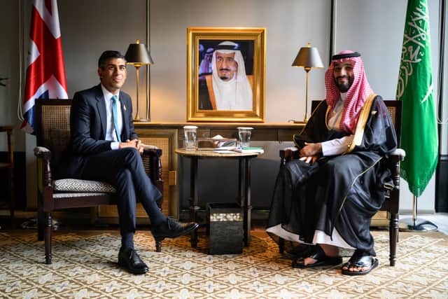 Britain’s Prime Minister Rishi Sunak and Crown Prince Mohammed bin Salman of Saudi Arabia are seen during a bilateral meeting at the G20 Summit. Credit: Leon Neal/Getty Images