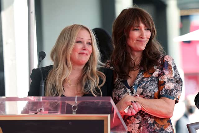 (L-R) Christina Applegate and Katey Sagal speak onstage during the Hollywood Walk of Fame Ceremony honouring Christina Applegate at Hollywood Walk Of Fame on November 14, 2022 in Los Angeles, California. (Photo by Phillip Faraone/Getty Images)