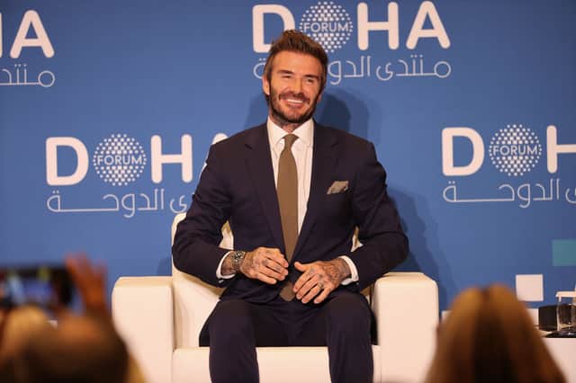 Beckham at a panel in Doha in March 2022 (AFP via Getty Images)