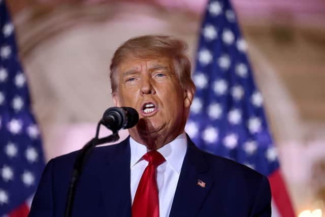  Former U.S. President Donald Trump speaks during an event at his Mar-a-Lago home on November 15, 2022 in Palm Beach, Florida. Trump announced that he was seeking another term in office and officially launched his 2024 presidential campaign.  (Photo by Joe Raedle/Getty Images)