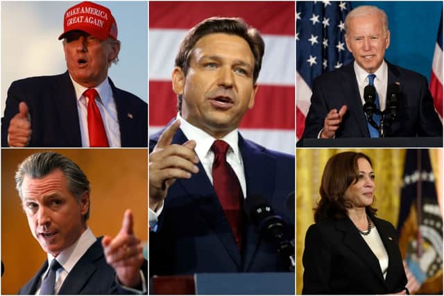 Clockwise from top left: Donald Trump, Ron DeSantis, Joe Biden, Kamala Harris, and Gavin Newsom (Photos: Getty Images)
