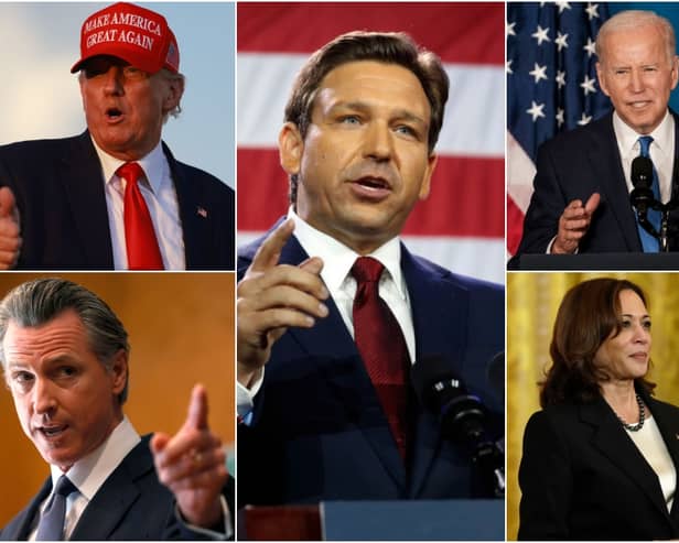 Clockwise from top left: Donald Trump, Ron DeSantis, Joe Biden, Kamala Harris, and Gavin Newsom (Photos: Getty Images)