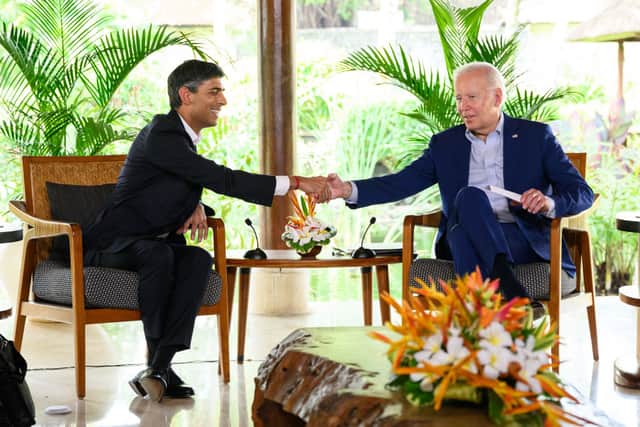 Rishi Sunak shakes hands with Joe Biden during a bilateral meeting at the G20 Summit in Nusa Dua, Indonesia. Credit: Getty Images