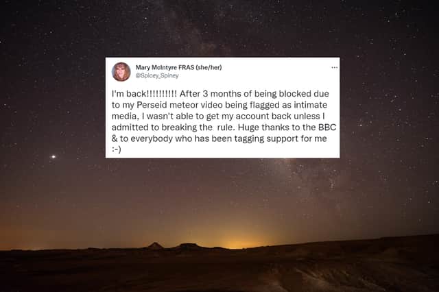 <p>Mary McIntyre was banned from Twitter for video footage of the Perseid meteor (Images: Getty / Twitter)</p>