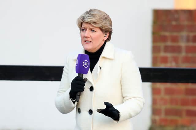 Clare Balding conducts a pre-match piece to camera ahead of the Barclays FA Women’s Super League match between Arsenal Women and Manchester United Women at Meadow Park on March 19, 2021 in Borehamwood, England (Photo by Catherine Ivill/Getty Images)
