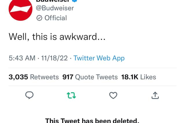 Budweiser tweeted out “well, this is awkward” before deleting it. Credit: Twitter