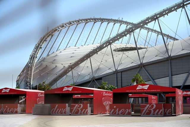 Budweiser beer kiosks are pictured at the Khalifa International Stadium in Doha, ahead of the Qatar 2022 World Cup football tournament. Qatar wants to ban the sale of alcohol at stadiums at the last minute. Credit: MIGUEL MEDINA/AFP via Getty Images