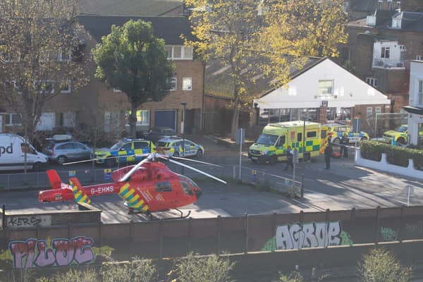 The air ambulance rushes the victim to hospital after the stabbing in Twickenham. Credit: SamoAK47