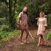 Tim Minchin as Lucky Flynn & Milly Alcock as Meg Adams in Upright S2, barefoot in the Australian jungle (Credit: Lingo Pictures/Scott Belzner)