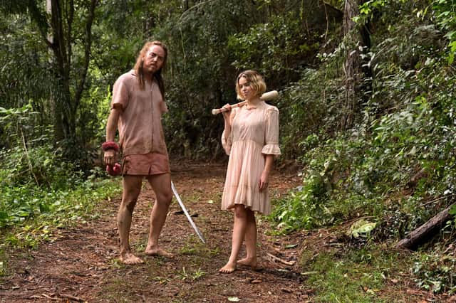 <p>Tim Minchin as Lucky Flynn & Milly Alcock as Meg Adams in Upright S2, barefoot in the Australian jungle (Credit: Lingo Pictures/Scott Belzner)</p>