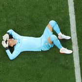 Alireza Beiranvand of Iran lies injured during the FIFA World Cup Qatar 2022 Group B match between England and IR Iran at Khalifa International Stadium on November 21, 2022 in Doha, Qatar. (Photo by Catherine Ivill/Getty Images)