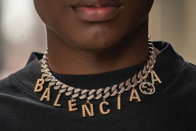 Joseph Holland is seen wearing a necklace by Balenciaga x Gucci during New York Fashion Week at Spring Studios on September 11, 2022 in New York City. (Photo by David Dee Delgado/Getty Images)