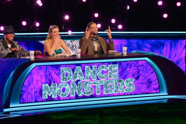 Ne-Yo, Lele Pons and Ashley Banjo at the judges’ table in DANCE MONSTERS (Credit: Netflix)