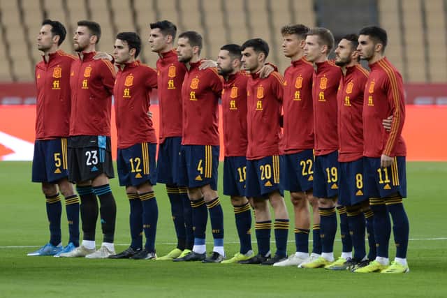 Spain’s squad listens to Marcha Real during FIFA World Cup qualifying match in 2022