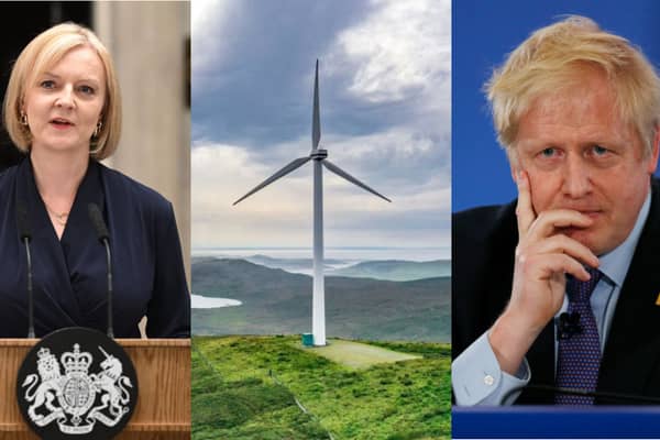 Boris Johnson and Liz Truss have joined a Tory backbench rebellion against a de-facto ban on new onshore windfarms. Credit: Getty Images