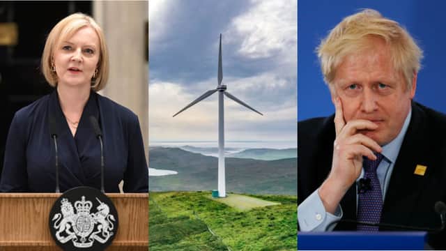 <p>Boris Johnson and Liz Truss have joined a Tory backbench rebellion against a de-facto ban on new onshore windfarms. Credit: Getty Images</p>