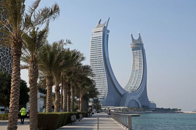 A general view shows the Katara Towers in the Qatari coastal city of Lusail. (Photo by Karim JAAFAR / AFP) (Photo by KARIM JAAFAR/AFP via Getty Images)