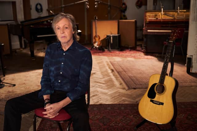 Sir Paul McCartney with a guitar  in Studio 2 Abbey Road (Credit: Disney+/Mary McCartney)