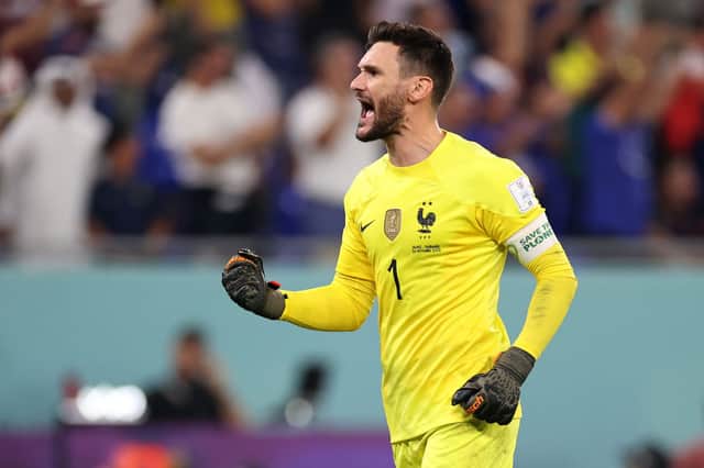 Hugo Lloris of France celebrates his side’s second goal scored by Kylian Mbappe (not pictured) during the FIFA World Cup Qata (Photo by Ryan Pierse/Getty Images)