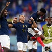  Marcus Thuram and Kylian Mbappe of France celebrate after the 2-1 win during the FIFA World Cup Qatar 2022 Group D (Photo by Stu Forster/Getty Images)