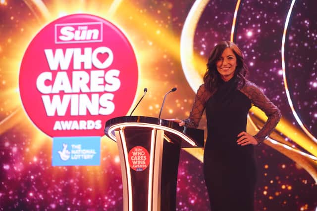 Davina McCall hosting the Who Cares Wins Awards (Credit: Jed Leicester)
