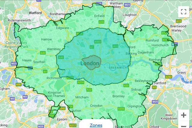 The expanded ULEZ will cover the whole of Greater London from August (Map: TfL/Google) 