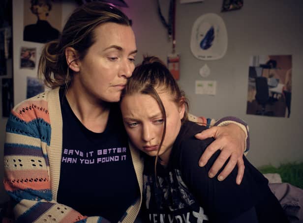 <p>Kate Winlset as Ruth and Mia Threapleton as Freya in I Am Ruth, hugging in Freya’s bedroom (Credit: Channel 4)</p>