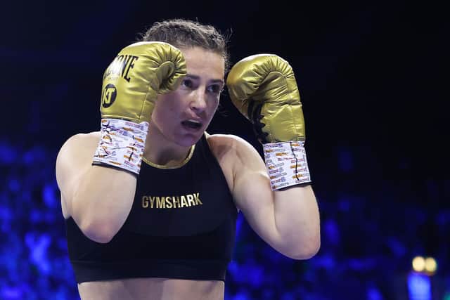 Katie Taylor looks on during the IBF, WBA, WBC and WBO Undisputed Lightweight World Title fight between Katie Taylor and Karen Elizabeth Carabajal at OVO Arena Wembley on October 29, 2022 in London, England. (Photo by James Chance/Getty Images)