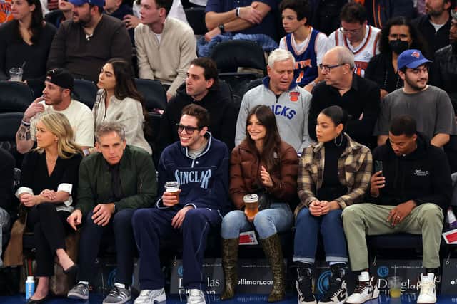 Christine Taylor, Ben Stiller, Pete Davidson, Emily Ratajkowski, Jordin Sparks and Dana Isaiah watch the action during the game between the Memphis Grizzlies and the New York Knicks at Madison Square Garden on November 27, 2022 in New York City. (Photo by Jamie Squire/Getty Images)